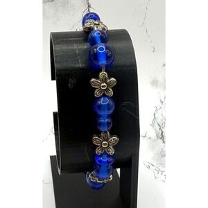 Cobalt‎ Blue Glass Bead Stretch Bracelet Silver Flower Spacer Beads 7.75"
